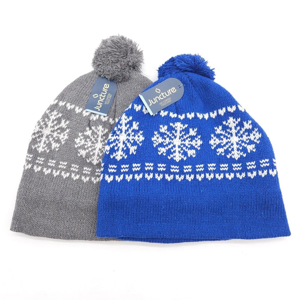 Juncture‎ Lot Of 2 Fleece Lined Winter Beanie Hat Pom Snow Cap Unisex Adult New